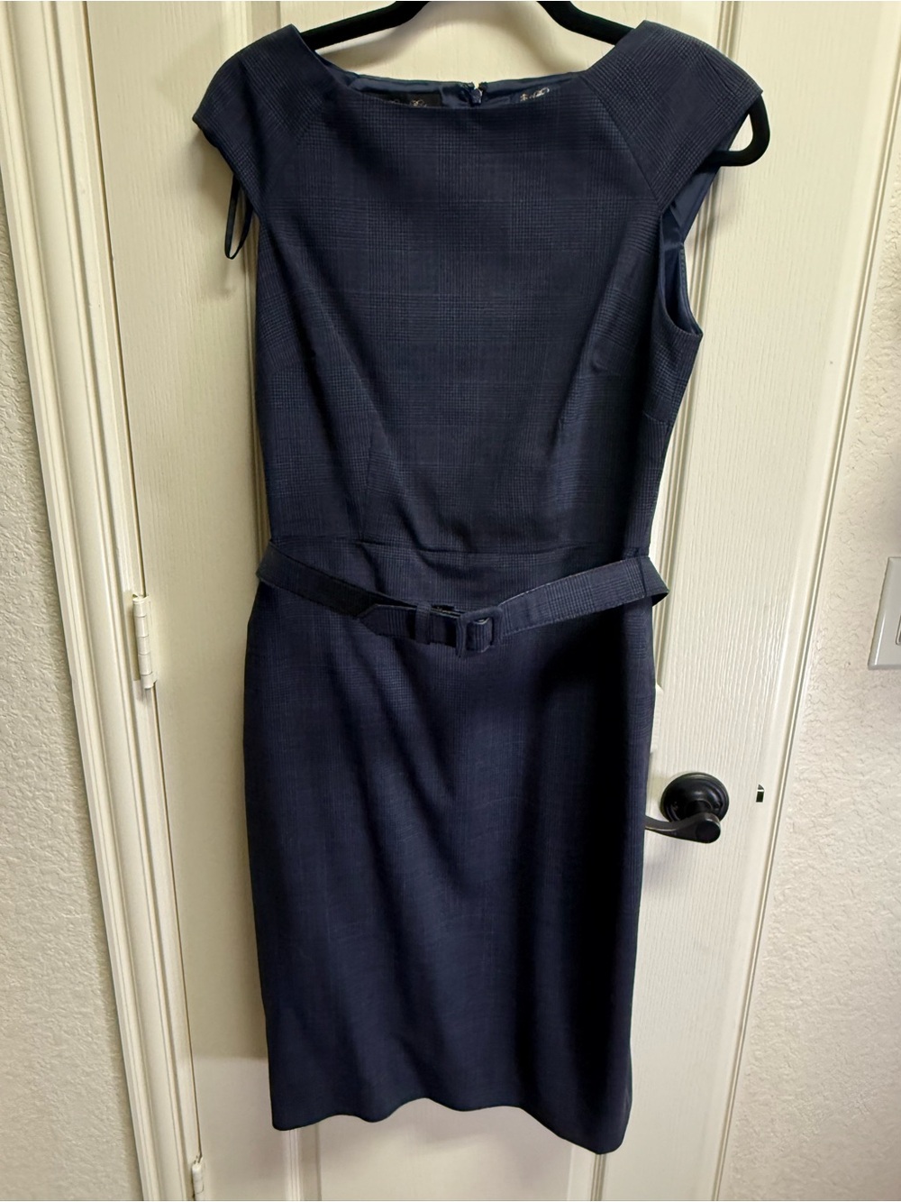Brooks Brothers Navy Stretch Wool Glen Plaid Cap-Sleeve Belted Sheath Dress